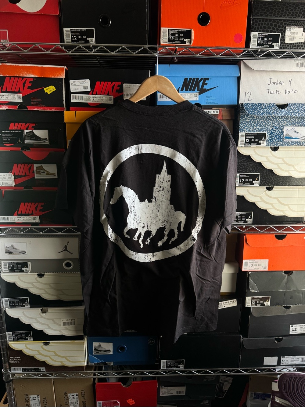 Black Graphic Men’s T-Shirt with White Horse Emblem